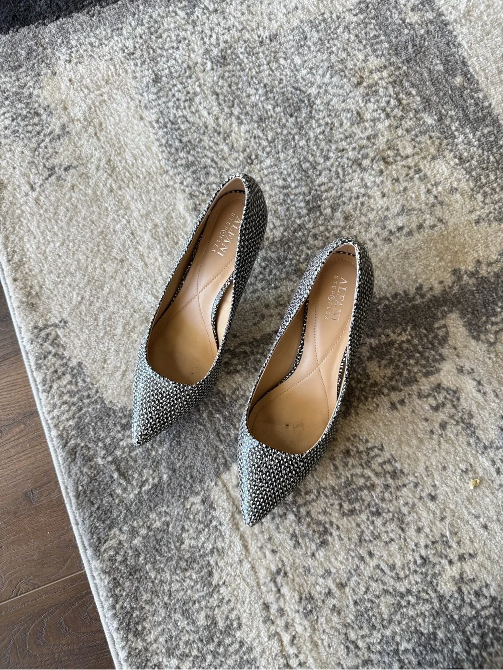 Textured Black and Silver Pointed Toe Kitten Heel Pumps